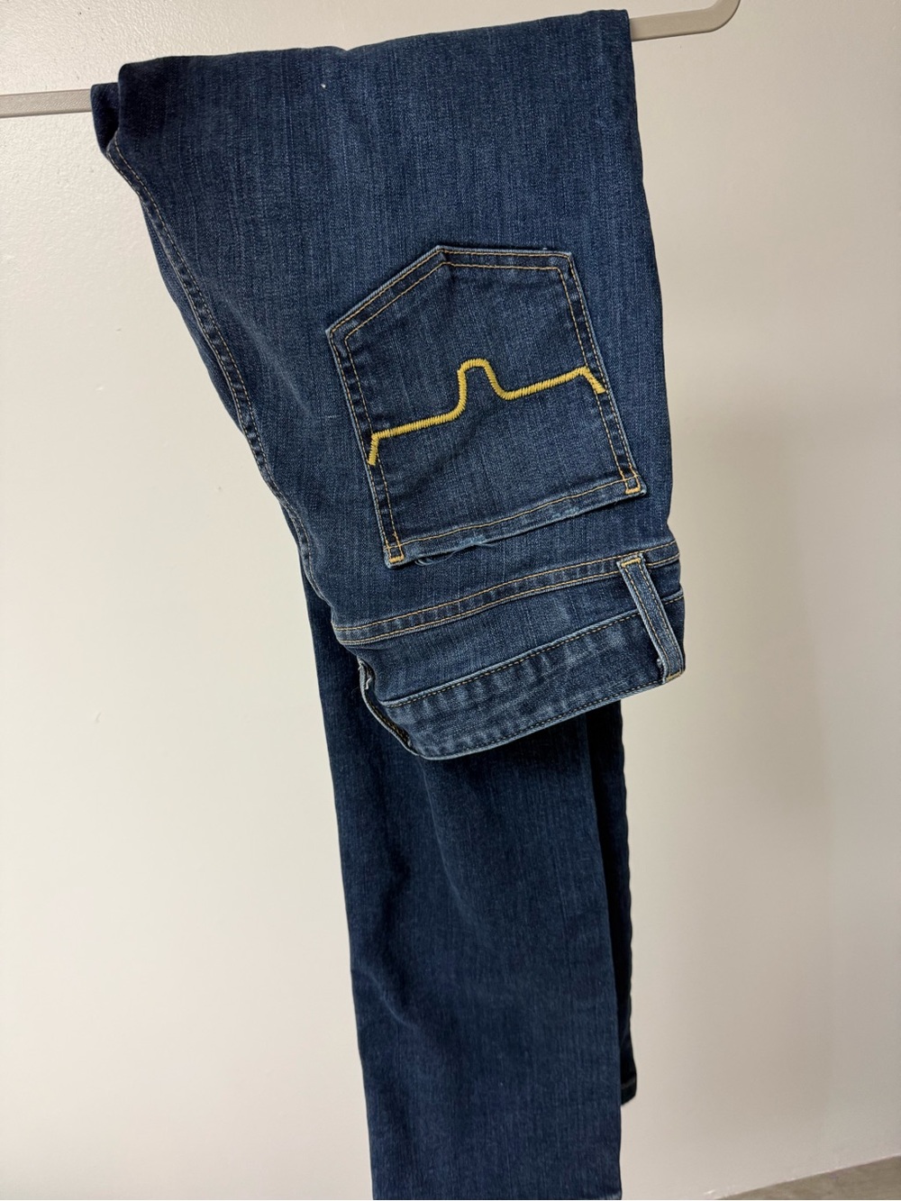 Kimes Ranch Woman’s Dark Blue Straight Jeans with Yellow Accent Stitch